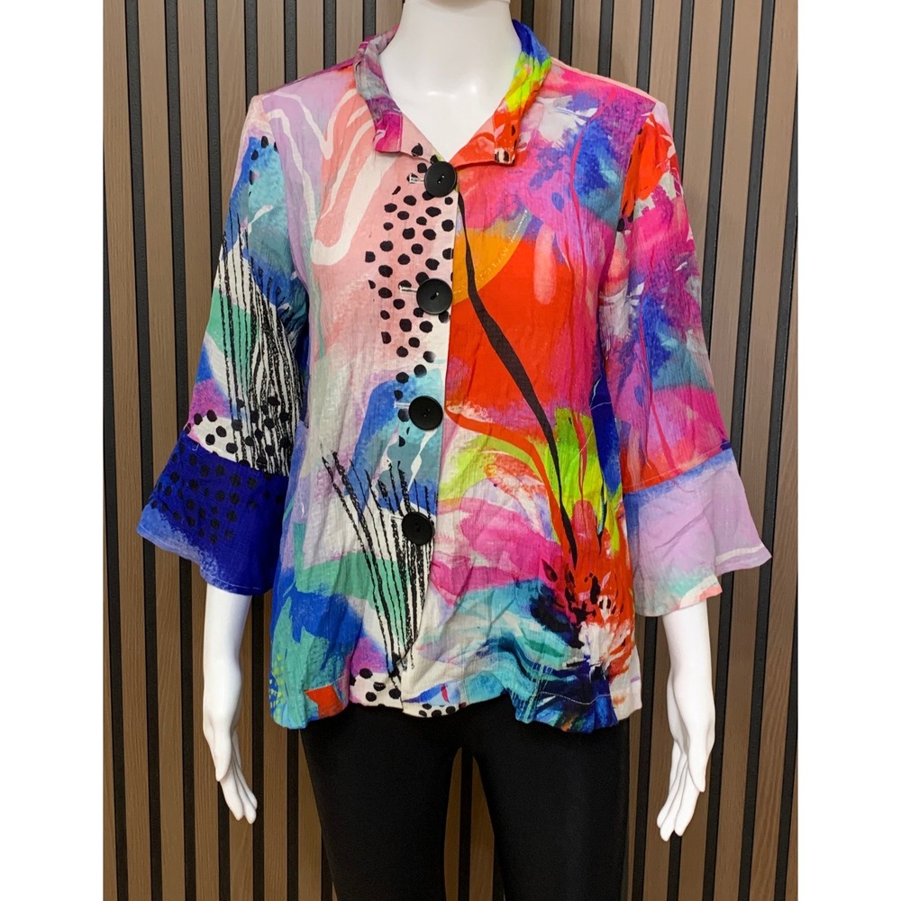 Ali Miles Petite Abstract Print Button Up Shirt Multi Color PS Lagenlook